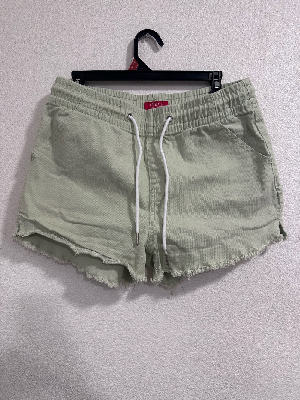 Guess Mint Green Frayed Hem Drawstring Athletic Shorts